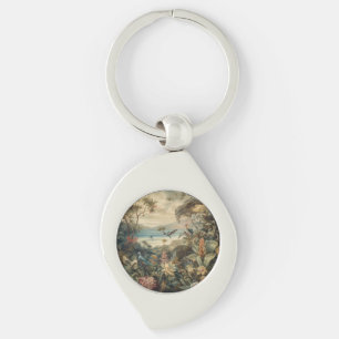 Vintage botaniska scenfåglar blommor i paradiset swirl silverfärgad nyckelring