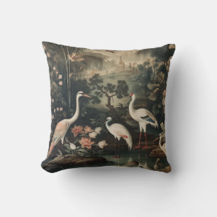 Vintage, botaniska scenvita fåglar och palats kudde
