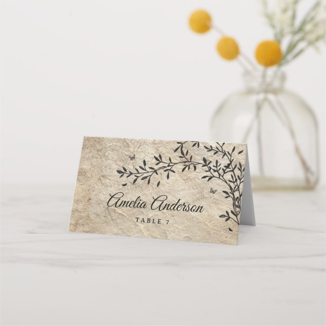 Vintage Botaniskt andetag Bröllop Placeringskort (Framsida)