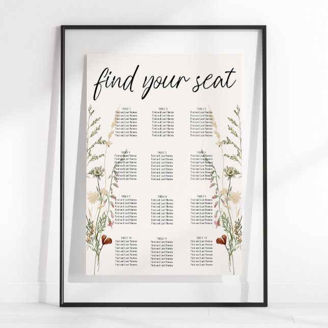 Vintage Botaniskt Blommigt Bröllops Sittplatskarta Poster (Skapare uppladdad)