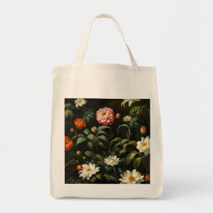 Vintage botaniskt blomsterstilleben från trädgårde tygkasse