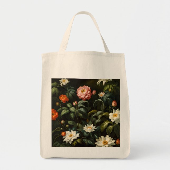 Vintage botaniskt blomsterstilleben från trädgårde tygkasse (Framsidan)