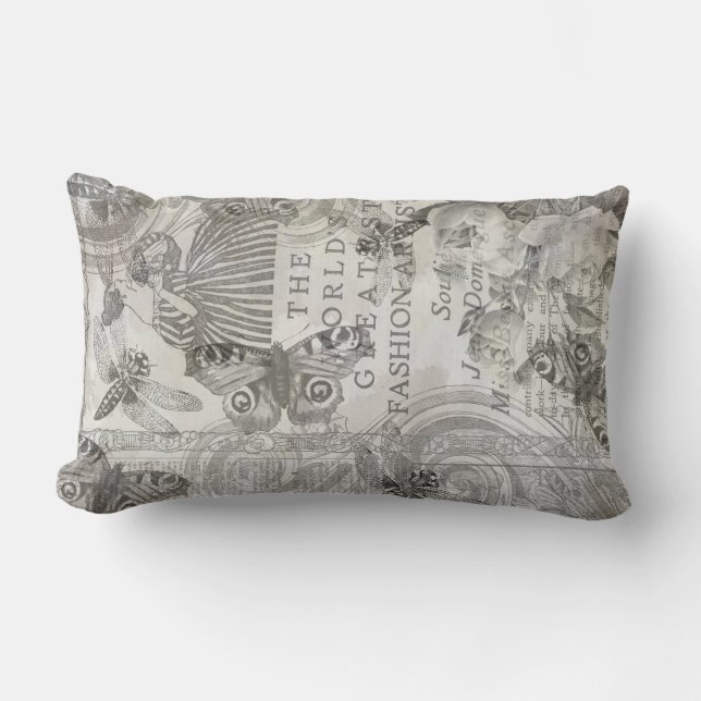 vintage Botaniskt Butterfly-skript, svart och vitt Lumbarkudde (Framsida)