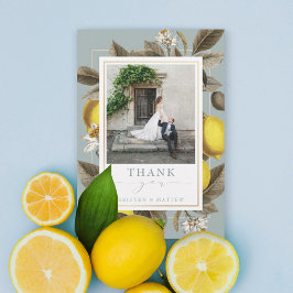 Vintage Botaniskt citron Bröllop Dusty Blue Photo Tack Kort