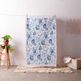 Vintage Botaniskt Dam Blue Blommigt Toile Cotton Tyg