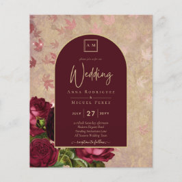 Vintage Botaniskt djupgående Röd ros Bröllop Guld Flygblad