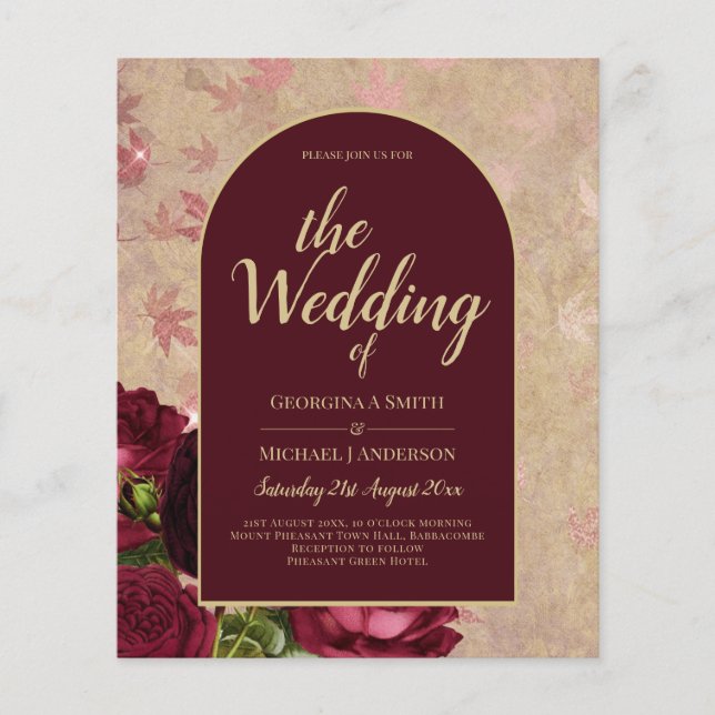 Vintage Botaniskt djupgående Röd ros Bröllop Guld Flygblad (Framsidan)