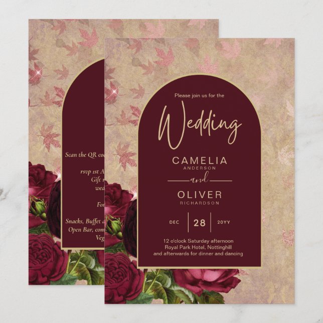 Vintage Botaniskt djupgående Röd ros Bröllop Guld Inbjudningar (Fram/baksida)