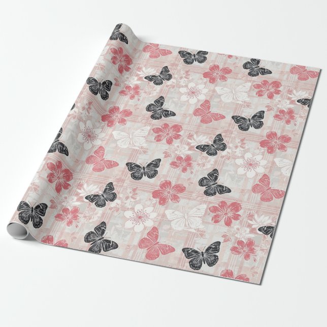 Vintage botaniskt fjärilstoile-mönster (3) presentpapper (Utrullad)