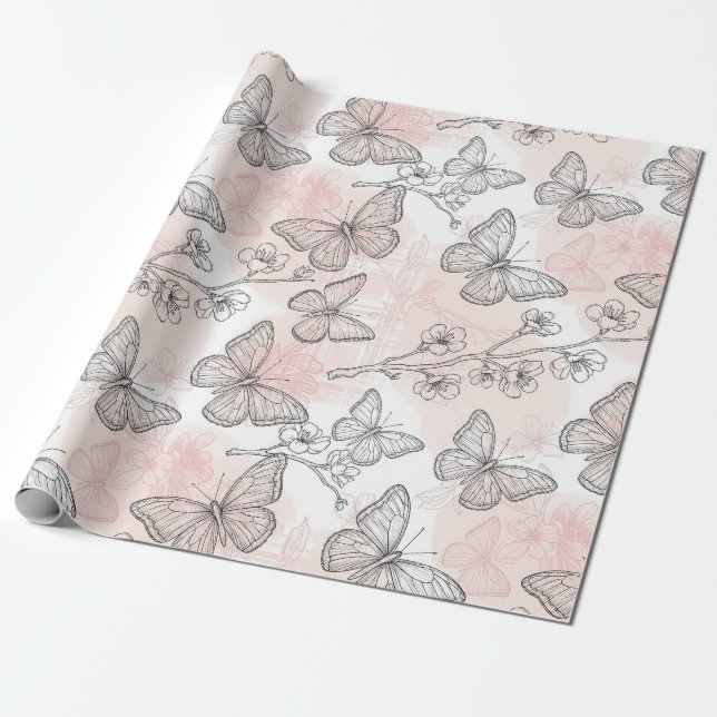 Vintage botaniskt fjärilstoile-mönster (5) presentpapper (Utrullad)