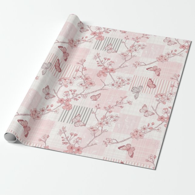 Vintage botaniskt fjärilstoile-mönster (6) presentpapper (Utrullad)