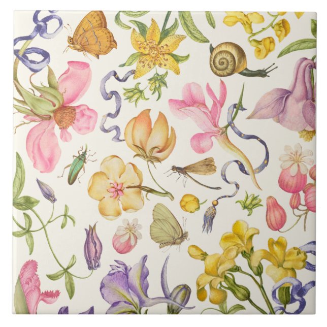 Vintage Botaniskt keramiskt plattstål Kakelplatta (Framsidan)