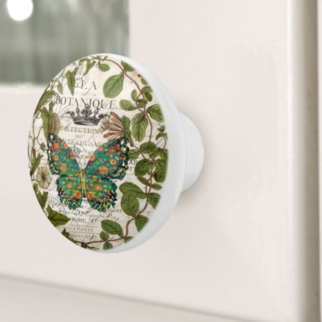 Vintage botaniskt konst fransk land butterfly knopp (Vintage botanical art french country butterfly ceramic knob)