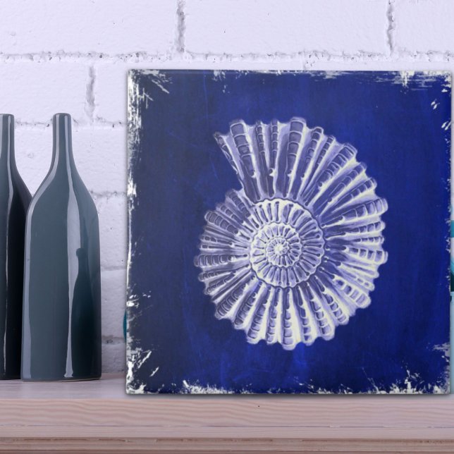 vintage botaniskt kustblått Vitt årstidsgräns Kakelplatta (vintage botanical Coastal Blue White seashell Tile)