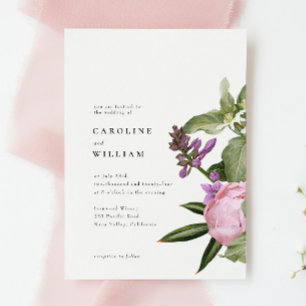 Vintage Botaniskt Peony Rosa Grönt Blommigt Bröllo Inbjudningar