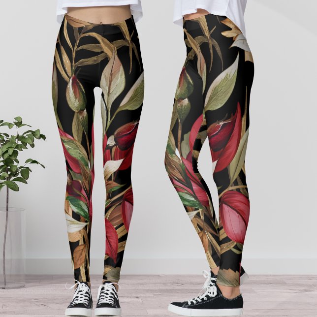 Vintage Botaniskt Ro och Handflatan Löv Black Leggings (Skapare uppladdad)