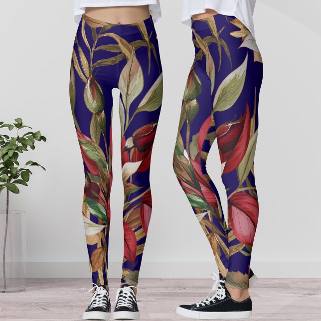 Vintage Botaniskt Ro och Handflatan Löv Blue Leggings (Skapare uppladdad)