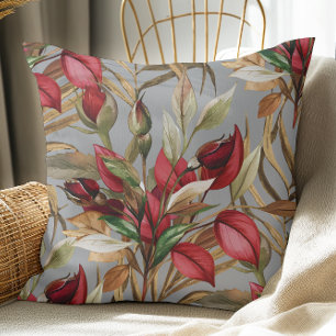Vintage Botaniskt Ro och Handflatan Löv Grått Kudde