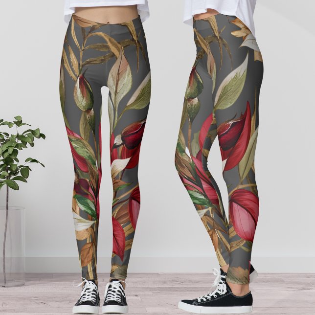 Vintage Botaniskt Ro och Handflatan Löv Grått Leggings (Skapare uppladdad)
