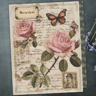 Vintage Botaniskt Rosa ros & Butterfly Ephemera