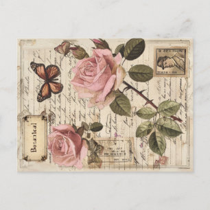 Vintage Botaniskt Rosa ros & Butterfly Ephemera Helg Vykort
