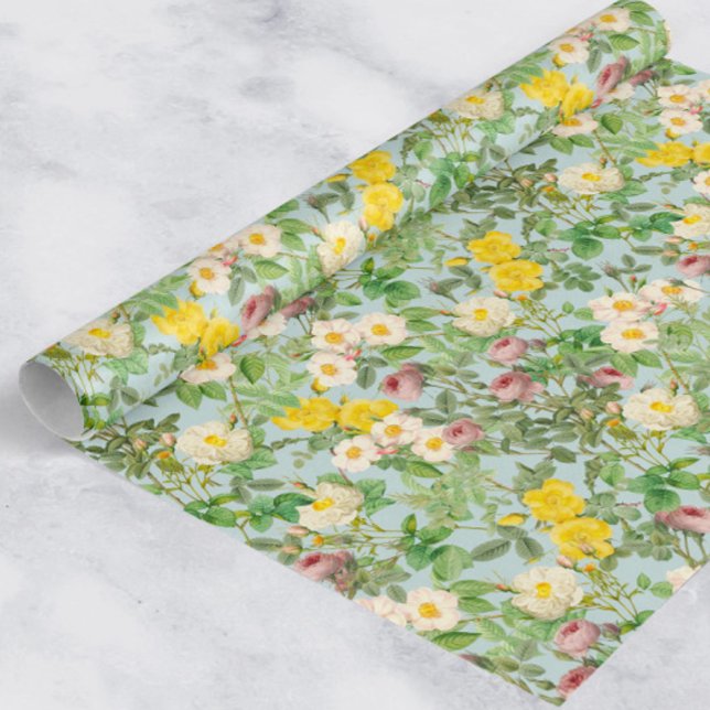 Vintage Botaniskt Rosinpackningspapper i Havsglas Presentpapper (Skapare uppladdad)