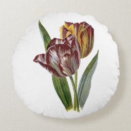 Vintage Botaniskt rött Gult Tulips Pillow Rund Kudde
