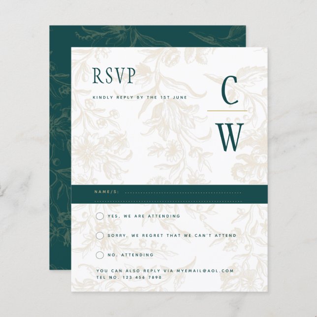 Vintage BOTANISKT TEAL GULD Bröllop (Fram/baksida)