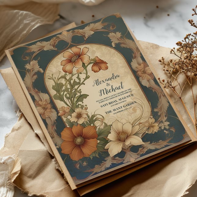 Vintage Bougainvillea Art nouveau Bröllop Inbjudningar (Skapare uppladdad)