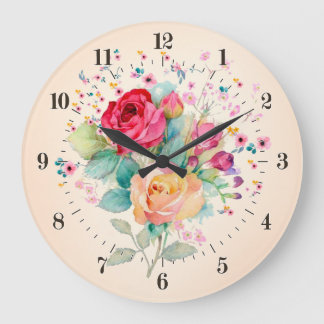 Vintage Bouquet av Rosor och blommor Stor Klocka