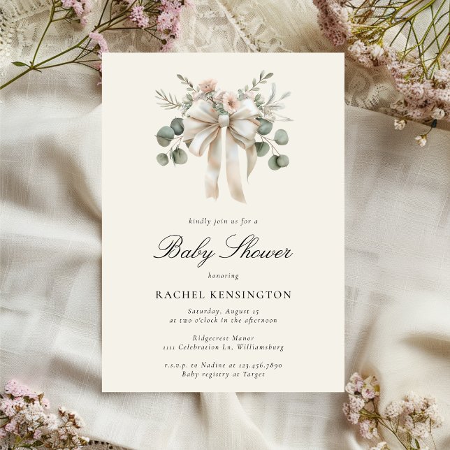 Vintage Bow Eucalyptus Blommigt Baby Shower Inbjudningar (Skapare uppladdad)