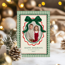 Vintage Bow Green Stripe Christmas Photo Julkort