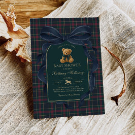Vintage Bow Teddybjörn Navy Plaid Bebis Shower Inbjudningar