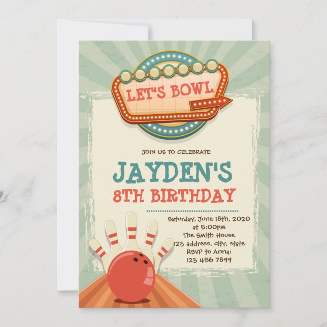 Vintage bowling födelsedagsfest inbjudan (Framsida)