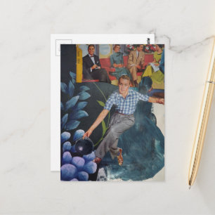 Vintage Bowling Man Mixed Media Collage Vykort