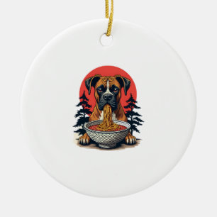 Vintage Boxer Hund Äter Ramen Japansk Solnedgång I Julgransprydnad Keramik