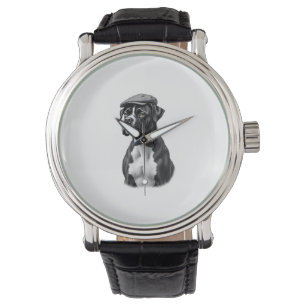 Vintage Boxer Hund i Keps Monokrom Grafisk Illustr Armbandsur