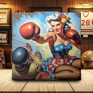 Vintage Boxing Girl Illustration Kakelplatta