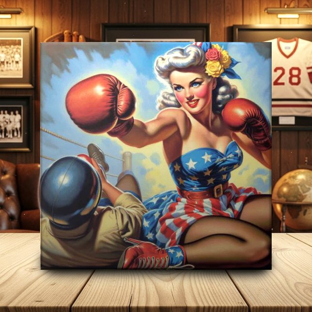 Vintage Boxing Girl Illustration Kakelplatta (Skapare uppladdad)
