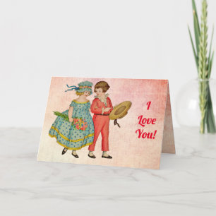 Vintage Boy and Girl I Kärlek You text Card Kort