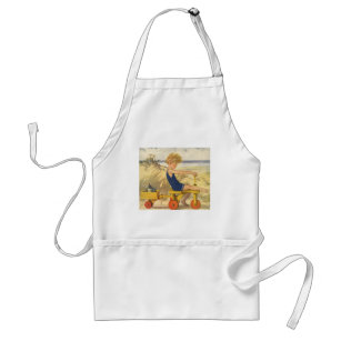 Vintage Boy som spelar vid Beach med Sand Leksaker Förkläde
