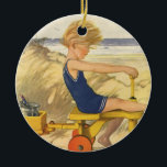 Vintage Boy som spelar vid Beach med Sand Leksaker Julgransprydnad Keramik<br><div class="desc">Vintage illustrerar bilden av barn med ett sött barn som leker på sand vid stranden med havet vinkarare bakom honom. Vinden blåser sitt blonda hår medan han kör sin träcykel.</div>
