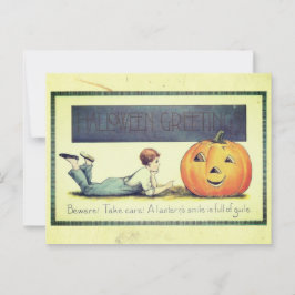 Vintage Boy Talking to Jack-o-Lantern Halloween Vykort