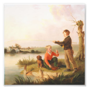 Vintage Boys Fiske vid floden med hund-målning Fototryck