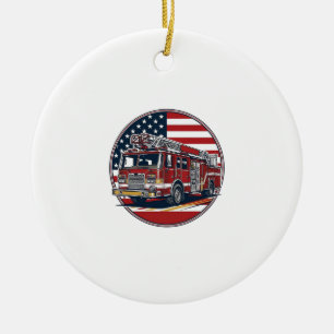 Vintage brandbil amerikansk flagga cirkel vektor s julgransprydnad keramik