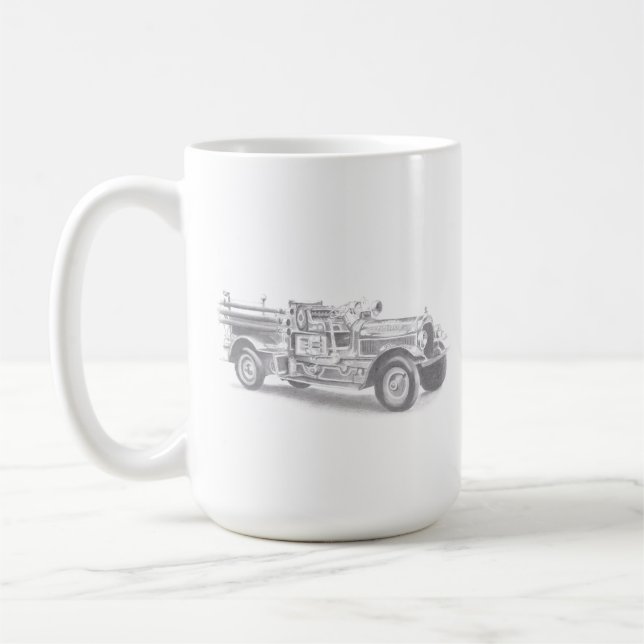 vintage brandbil blyertsteckning brandman ritning kaffemugg (Vänster)