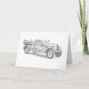 vintage brandbil blyertsteckning brandman ritning kort