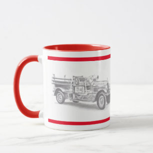 vintage brandbil blyertsteckning brandman ritning mugg