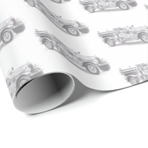 vintage brandbil blyertsteckning brandman ritning presentpapper