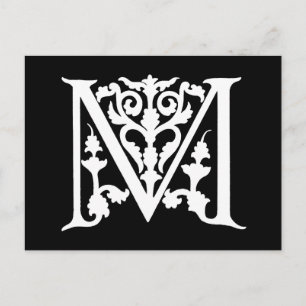 Vintage Brev M Monogram Black White "M" Initialer Vykort
